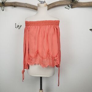U. Style coral off shoulder boho lace hem top